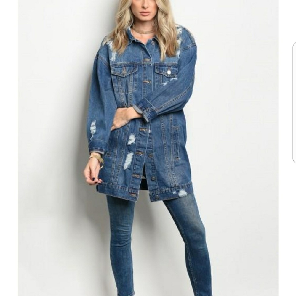 Oversized Denim Distressed Jacket - Picture 3 of 4